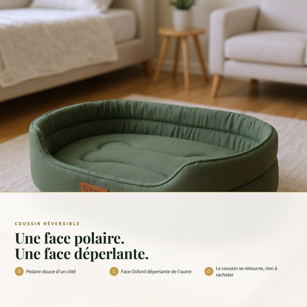 Panier pour chien ovale à rebords CANIPANI — COUSSIN RÉVERSIBLE : Une face polaire. Une face déperlante.