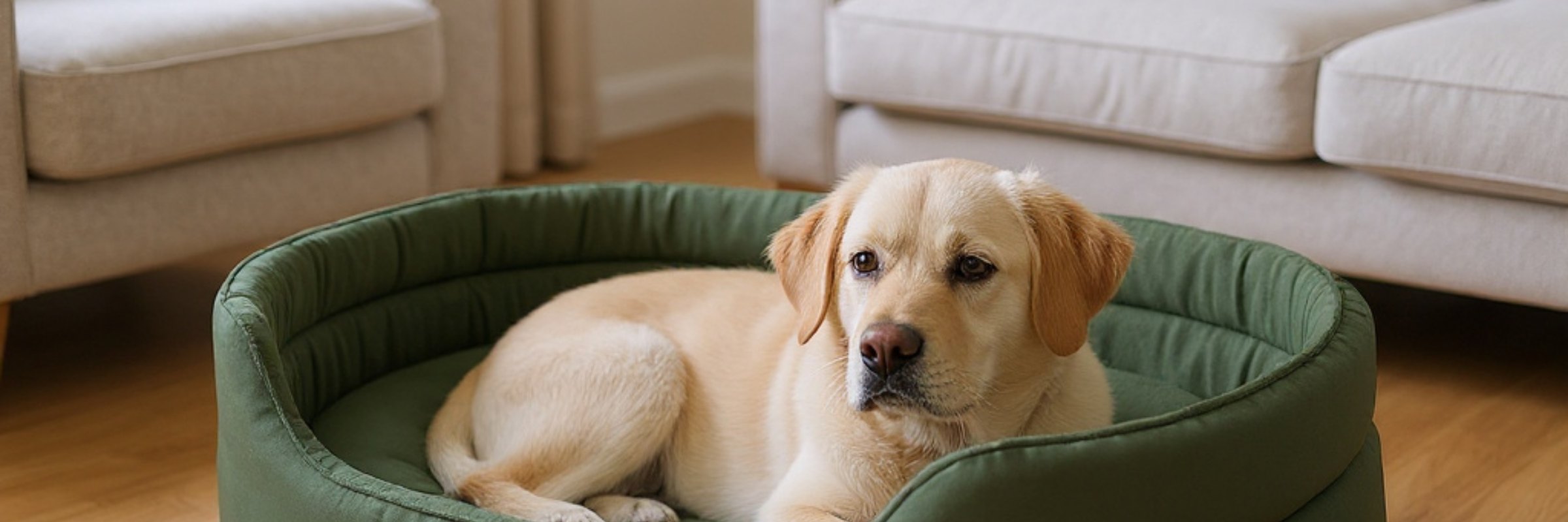Un labrador installé dans le panier ovale à rebords CANIPANI, dans un salon