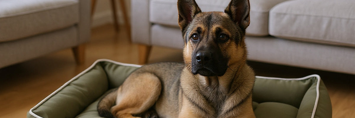 Un malinois installé dans le panier en toile Oxford CANIPANI