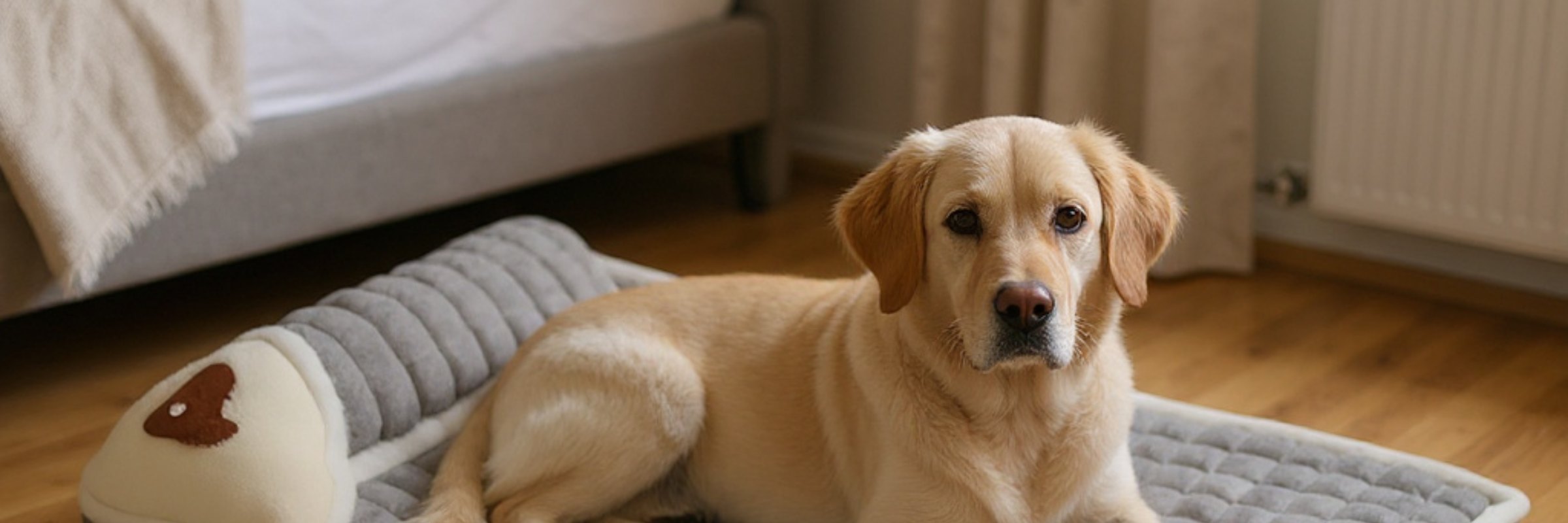 Un golden retriever âgé allongé sur le couchage orthopédique CANIPANI, dans une chambre