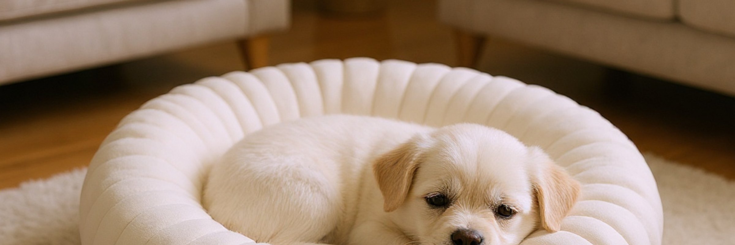 Un petit chien roulé en boule dans la corbeille ronde CANIPANI