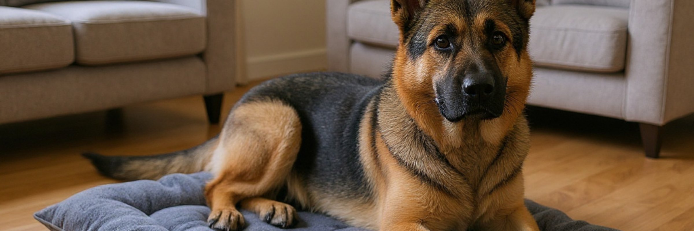 Un berger allemand allongé de tout son long sur le couchage CANIPANI 120 cm