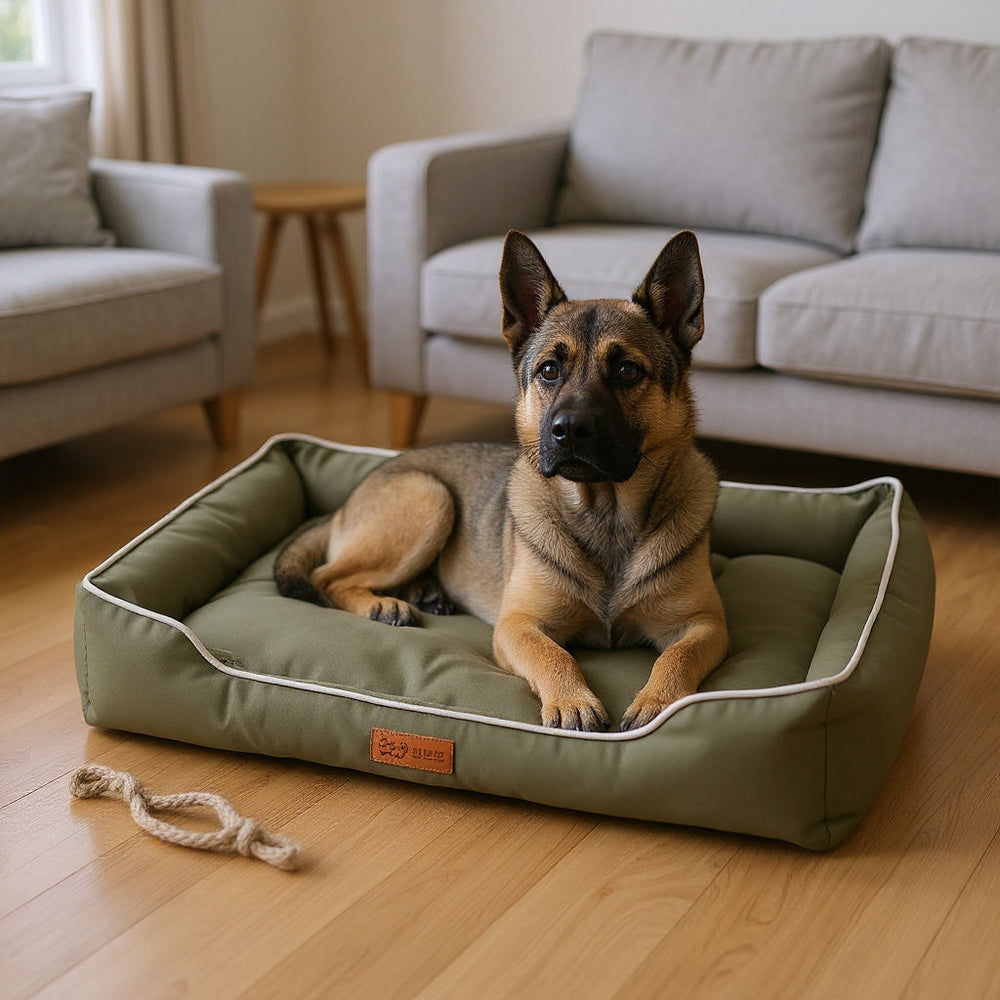 Panier chien indestructible en toile Oxford CANIPANI en XXL — 105 × 70 cm, avec un malinois adulte installé dedans
