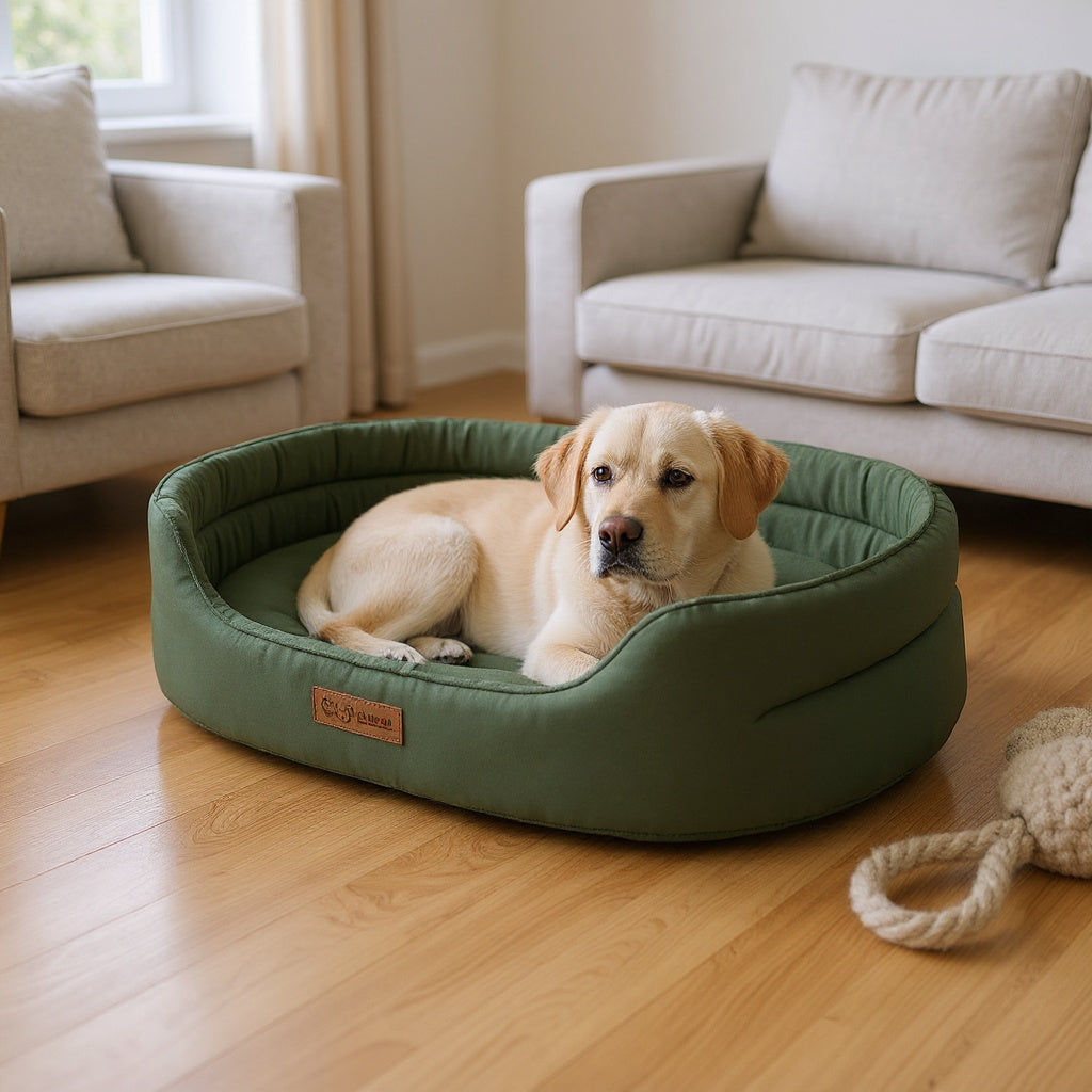 Un labrador installé dans le panier ovale à rebords CANIPANI, dans un salon